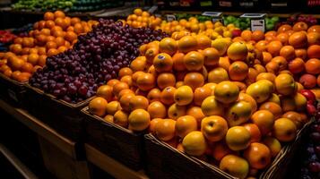 un colección de frutas en un supermercado estante ,fresco Fruta productos en el centro comercial ,generativo ai foto