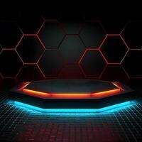 3d futuristic hexagonal stage with neon effect , photo
