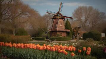 classic windmill in the tulip flower garden , photo