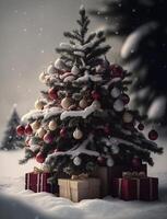 christmas tree in snow background with pile of gifts box photo