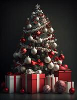 christmas tree in dark background with pile of gifts box photo