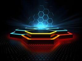 3d futuristic hexagonal stage with neon effect , photo