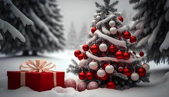 christmas tree in snow background with pile of gifts box photo