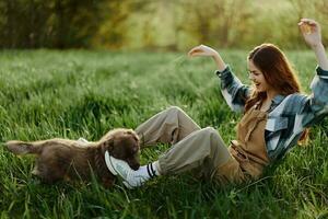Happy woman sitting in nature and playing with her pet in the park sitting on the green grass in the summer sunlight in the evening, playing in nature photo