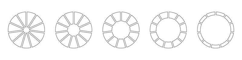 Wheels round divided in ten sections. Outline donut charts or pies segmented on 11 equal parts. Diagrams infographic set. Circle section graph line art. Pie chart icons. Geometric vector elements.