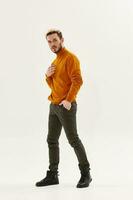 bearded man in sweater hand in pocket posing clothes studio photo