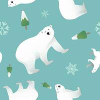 Polar Bears, pines and snowflake seamless pattern with green background. Winter and christmas concept wrapping paper. vector