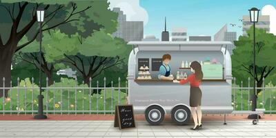 Street cafe van trailer at the park with skyscrapers behind. Barista in coffee truck serving hot drink to office woman. Small business and street food concept vector illustration.