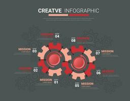 Gears cogwheels 8 steps for Infographic template, Engineering tech progress business presentation start-up vector concept, processes, parts, options. Vector illustration.