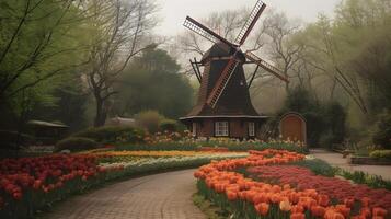 classic windmill in the tulip flower garden , photo