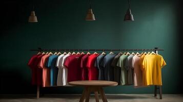 a collection of cotton t-shirts hanging on a hanger , photo