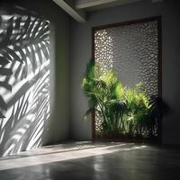 a room with a calming concept decorated with tropical plants in the sunlight , photo