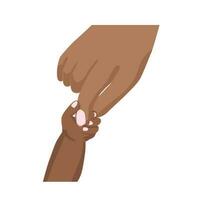 African american parent hand holds baby. Father protects lovely kid. Mothers care and support. Human fingers vector illustration