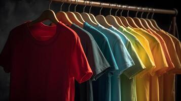 collection of cotton t-shirts hanging on hangers, display of cotton t-shirt products , photo