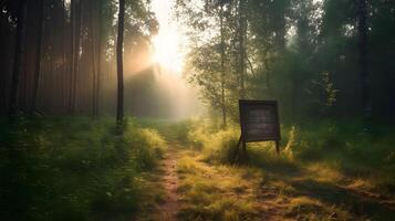 empty wooden sign on edge of forest on summer , photo