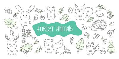 Vector set of illustrations of forest animals in doodle style.