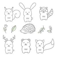 Vector set of illustrations of forest animals in doodle style.