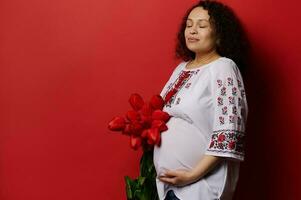 Delightful adult pregnant woman in Ukrainian ethnic clothing, holding belly, posing with red tulips, isolated background photo