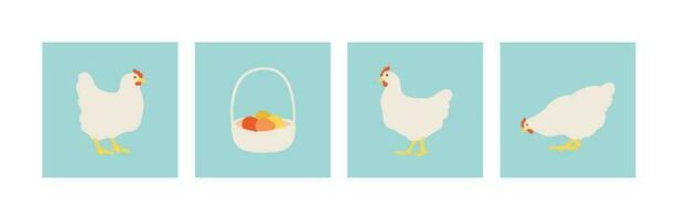 Chicken and eggs in wicker basket. Flat white chickens. Set of vector illustrations for design.