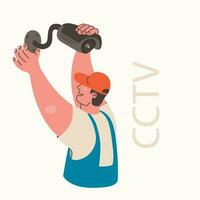 Installing CCTV. Technical worker installs a video camera. Security camera. Vector flat isolated illustration.