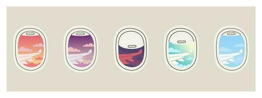 View from porthole. Set of airplane windows with open and closed curtains. Night, day, sunset and dawn skies are overboard. Airplane wing view. Flat vector illustration.