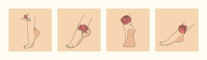 Elegant female feet with flowers. Human legs and heels and the roses and peonies depicted on them. Trendy vector illustration in minimalistic style. Plants as a tattoo.