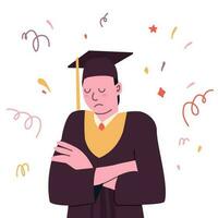 Class of. University or college graduate. Sad guy in graduation gown and cap. vector