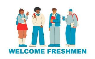 Bienvenido estudiantes de primer año linda ilustración para saludo nuevo Universidad y Universidad estudiantes. estudiantes con libros, joven gente, multiétnico. vector
