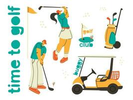 Set of golf elements and players. Trendy style of disproportionate people. vector
