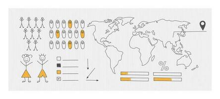 un esquemático mapa de el mundo para Estadísticas visualización. mano dibujado elementos de infografía. vector