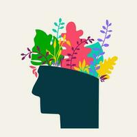 Mental health concept. Abstract image of head with flowers inside. Plants, flower and leaves as a symbol of inspiration, calmness, favorable mental behavior. Vector hand drawing illustration.