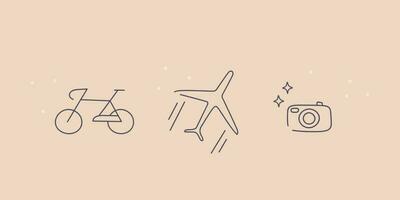 Set of minimalistic design tattoos. A bicycle, an airplane and a camera. Cute illustration for design, sticker. Vector line art.