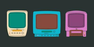 Old TV with VCR. Black and white TV with video recorder. Set of isolated retro elements on a black background. vector