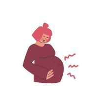 The pregnant woman screams, grimaces in pain. Symptoms and problems associated with expecting a baby. The child moves inside. Vector cartoon illustration of purple, yellow, pink colors.