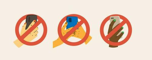 Prohibition to use a mobile phone. Hand holding a smartphone in a crossed out circle. No phone. Digital detox. vector