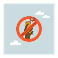 Digital detox. Prohibition to use a mobile phone. Hand holding a smartphone in a crossed out circle. No phone. vector