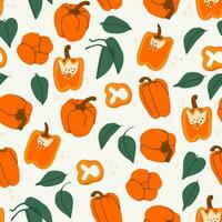 Vector seamless pattern with fruits, slices and leaves of bell pepper. Hand drawing paprika background. For design, print, textile, paper.