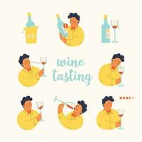 conjunto de vector linda ilustraciones para vino saboreo. un linda hombre examina el vino para gusto, beber, remolino, aroma. aislado objetos para diseño y gráficos. estudiar de vinos