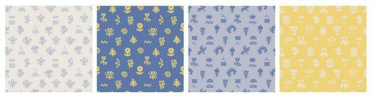 Set of seamless decorative floral patterns. Blue and yellow background, minimalistic design. vector