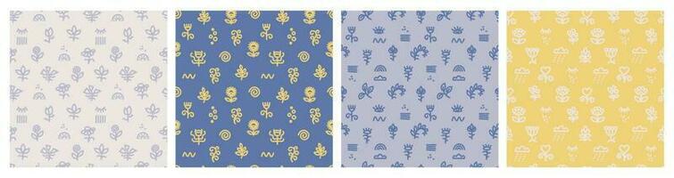 Set of seamless decorative floral patterns. Blue and yellow background, minimalistic design. vector