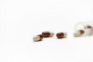 A translucent capsule with enteric granules scattered on white background. Therapeutic medical pills. World Health Day photo
