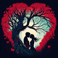 Couple in love under a tree with heart shaped branches. photo