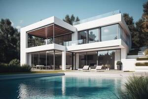 Exterior of a new modern white house with panoramic windows and garden with swimming pool . photo