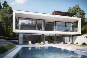 Exterior of a new modern white house with panoramic windows and garden with swimming pool . photo