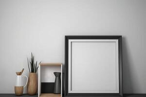 Frame Mockup on kitchen white picture frame with a thin black border sits on top of a wooden bookshelf . photo