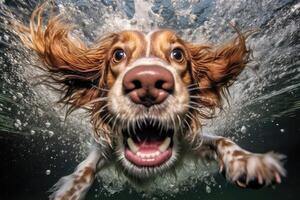 Cute dog swimming underwater. . photo