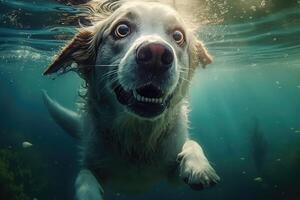Cute dog swimming underwater. . photo