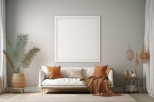 boho minimalist cozy healing living room blank frame mockup . photo