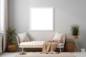 boho minimalist cozy healing living room blank frame mockup . photo