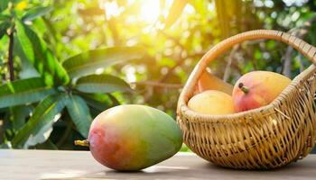 Mango fruit hanging on a tree with a rustic wooden table photo